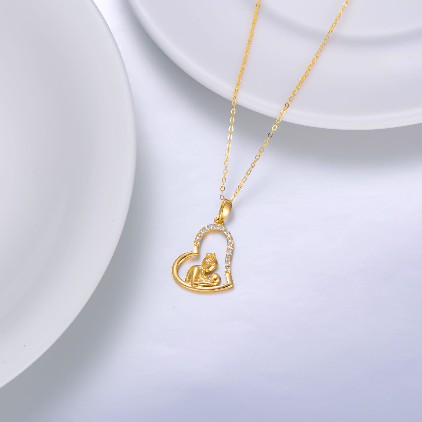 14K Gold Zircon Mother & Daughter Heart Pendant Necklace