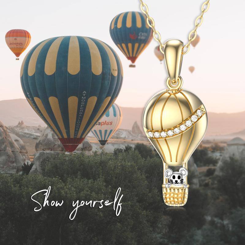 14K Gold Zircon Mouse & Hot Air Balloon Pendant Necklace