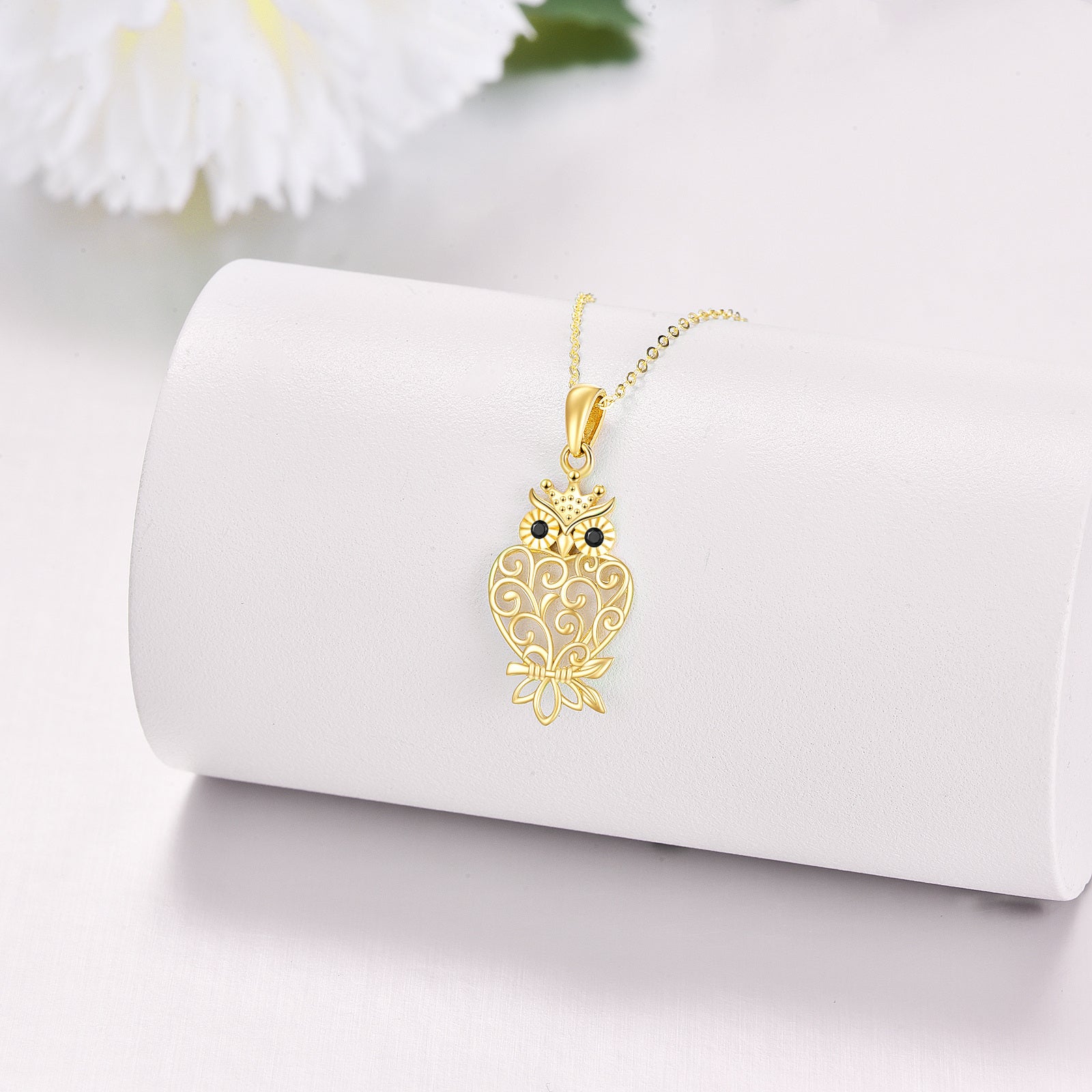 14K Gold Zircon Owl Pendant Necklace
