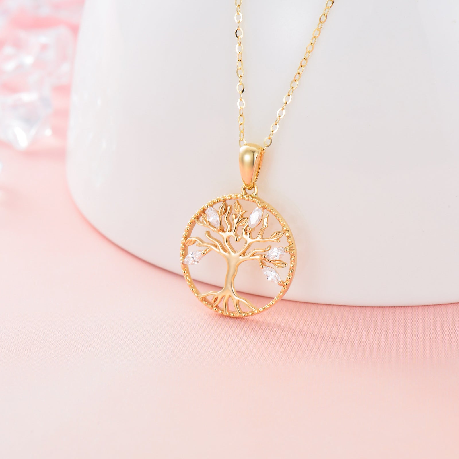 14K Gold Zircon Tree Of Life Pendant Necklace