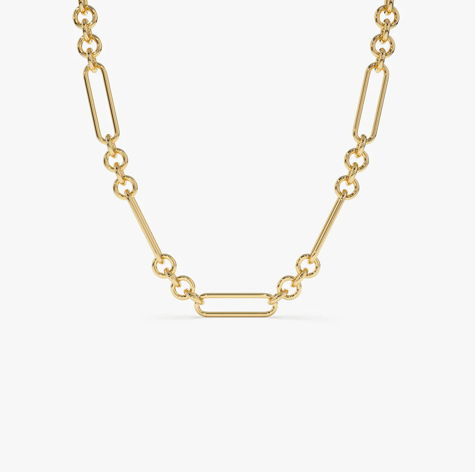 14k Mixed Link Paperclip Bolo Chain Necklace 4mm