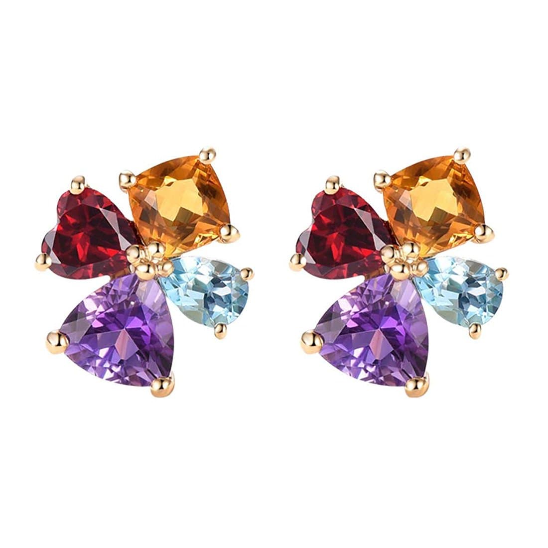 "Rainbow Flower" Natural Gemstone Floral Cluster Stud Earrings - Red & Purple & Orange & Blue