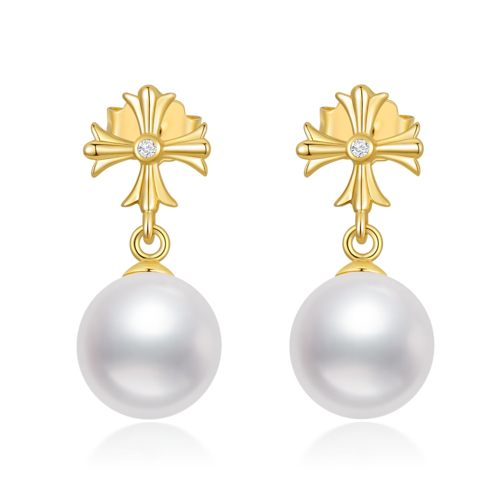 14K Real Gold Cross Studs Earrings With Pearl For Women Teen Girls Gifts