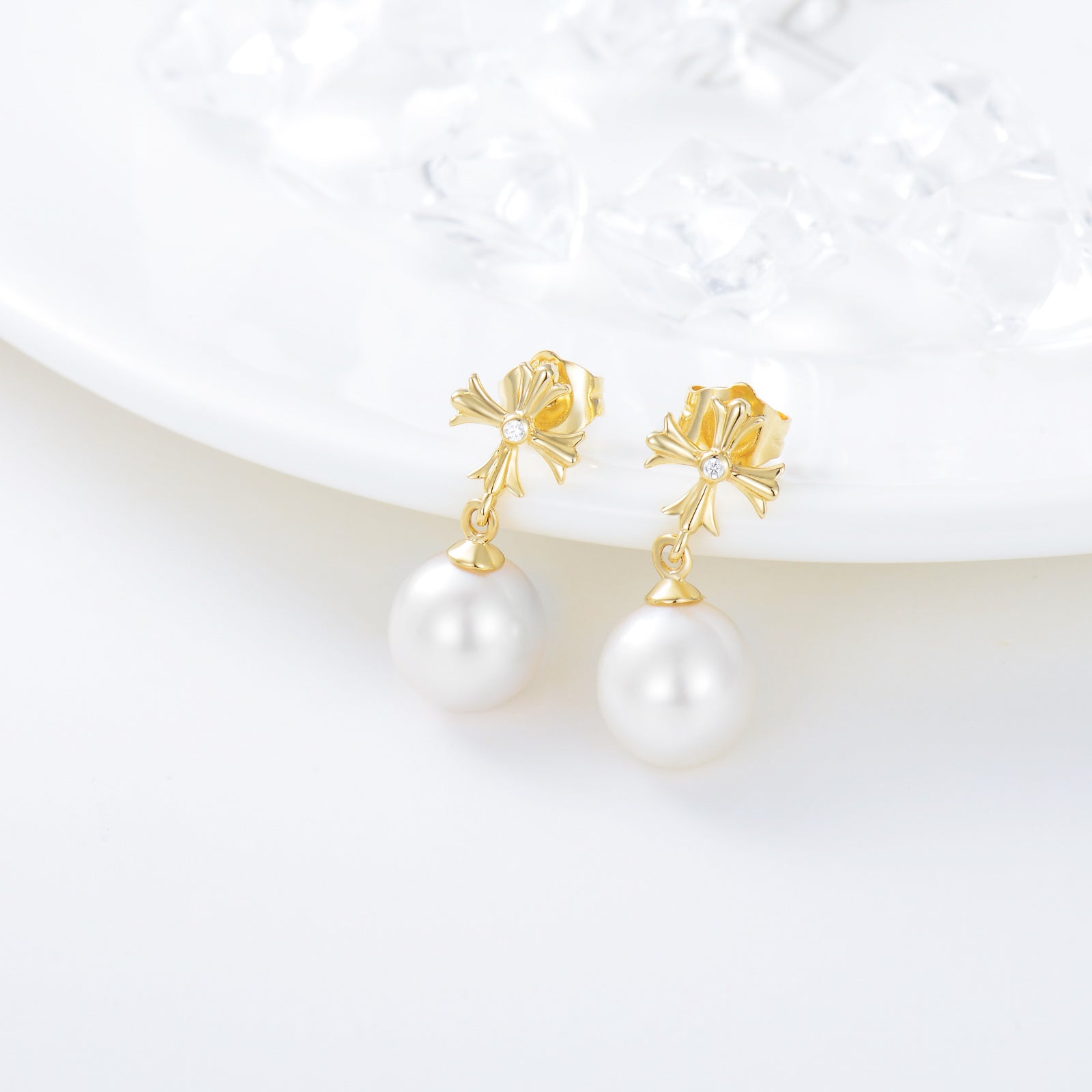 14K Real Gold Cross Studs Earrings With Pearl For Women Teen Girls Gifts