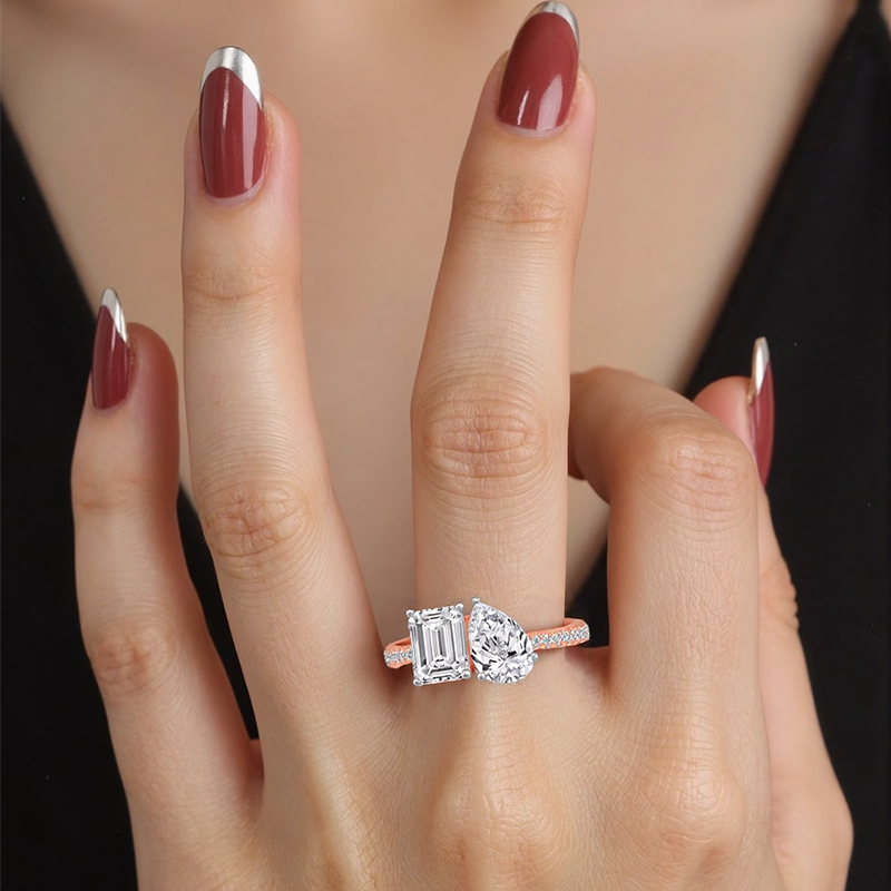 14K Rose Gold 1.25 to 6.25 CT.T.W. Oval & Emerald Lab Created Diamond Engagement Ring D VVS1-VS1 IGI Certified