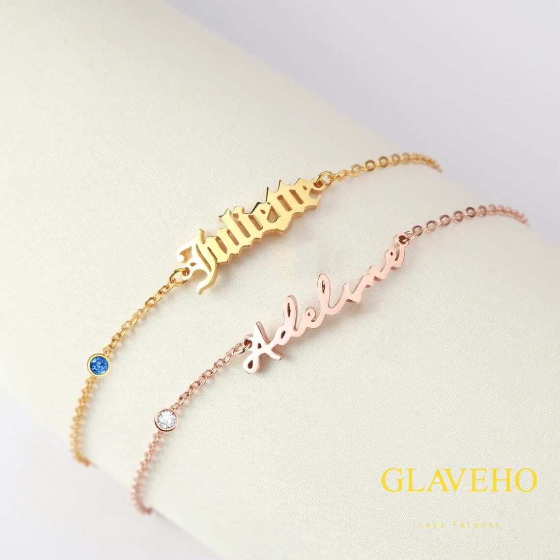 14K Gold Circular Shaped Cubic Zirconia Personalized Classic Name Charm Bracelet