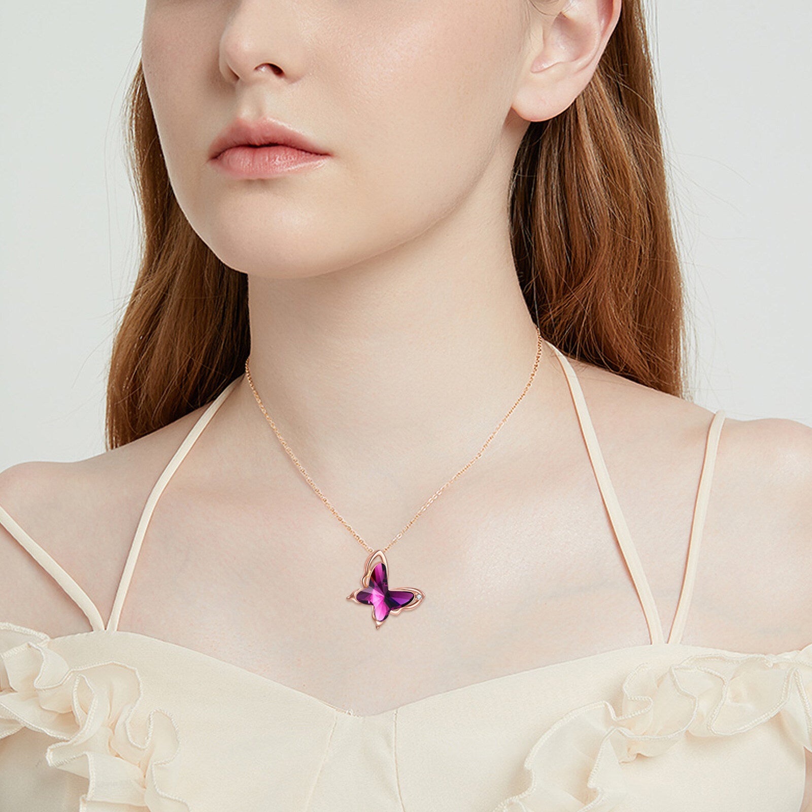 14K Rose Gold Crystal Butterfly Pendant Necklace