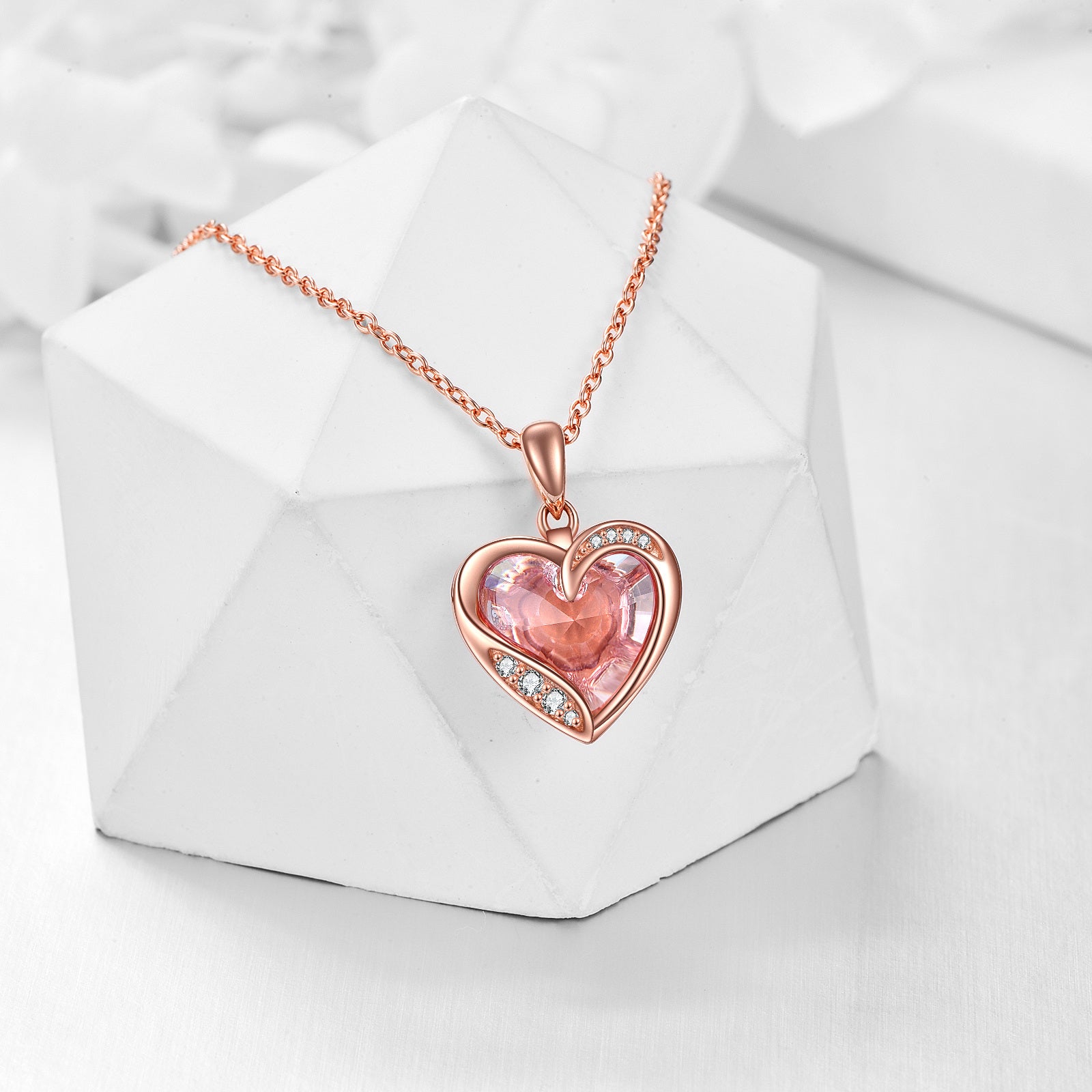 14K Rose Gold Crystal With Cubic Zirconia Heart Pendant Necklace