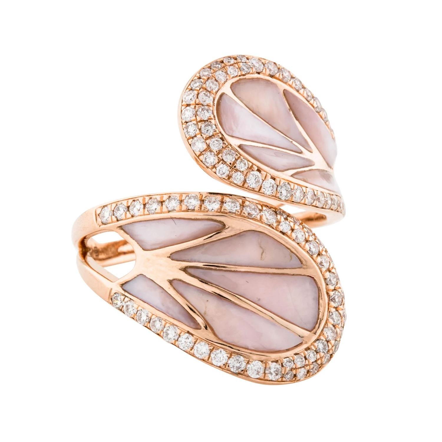 14K Rose Gold Enamel Bypass Ring With Pave Diamonds