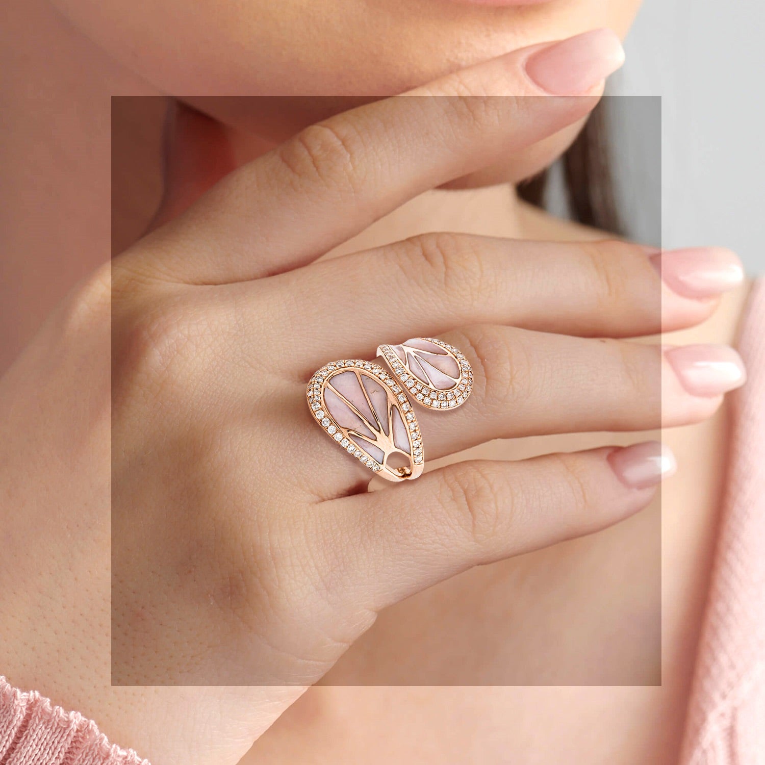 14K Rose Gold Enamel Bypass Ring With Pave Diamonds