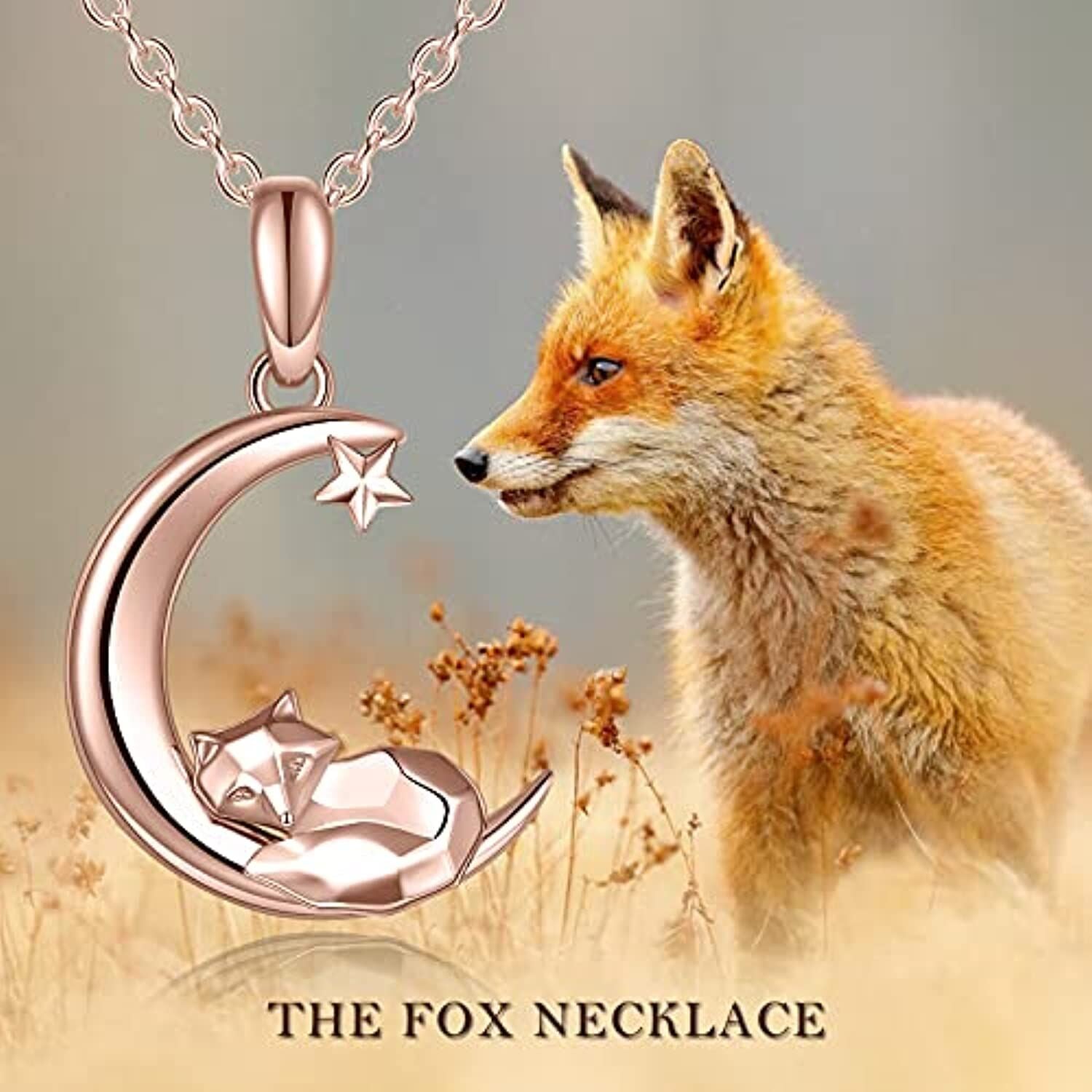 14K Rose Gold Fox & Moon Star Pendant Necklace For Women