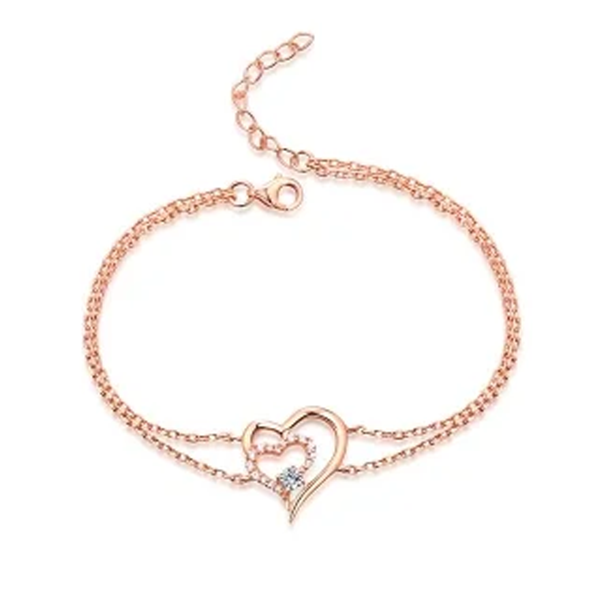 14K Rose Gold Cubic Zirconia Heart With Heart Layerered Bracelet
