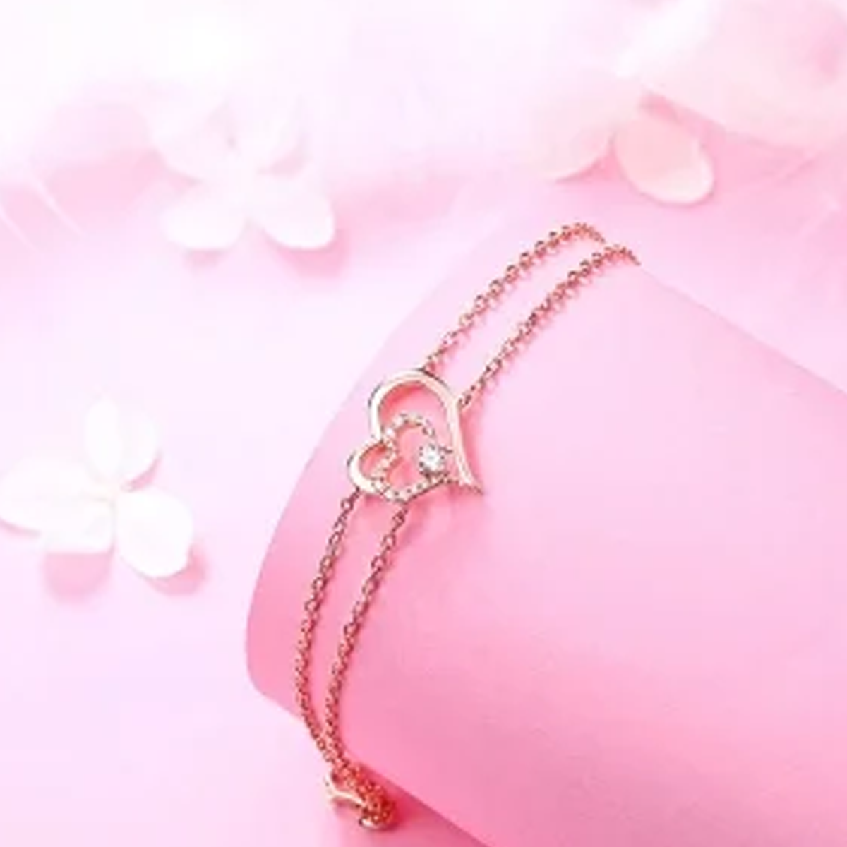 14K Rose Gold Cubic Zirconia Heart With Heart Layerered Bracelet