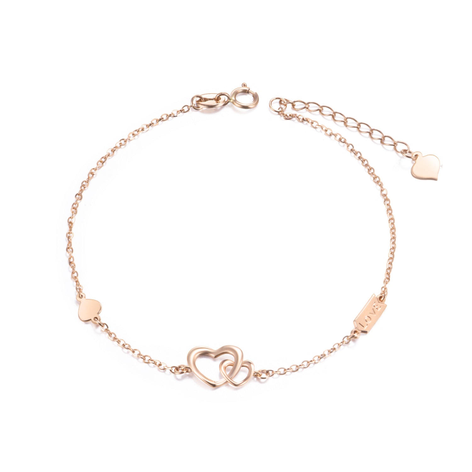 14K Rose Gold Interlocking Hearts Charm Bracelet With Engraved Word For Women