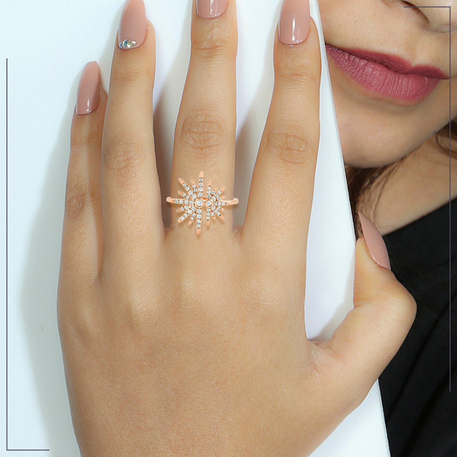 Twin Sunburst Diamond Statement Ring – 14K Rose Gold