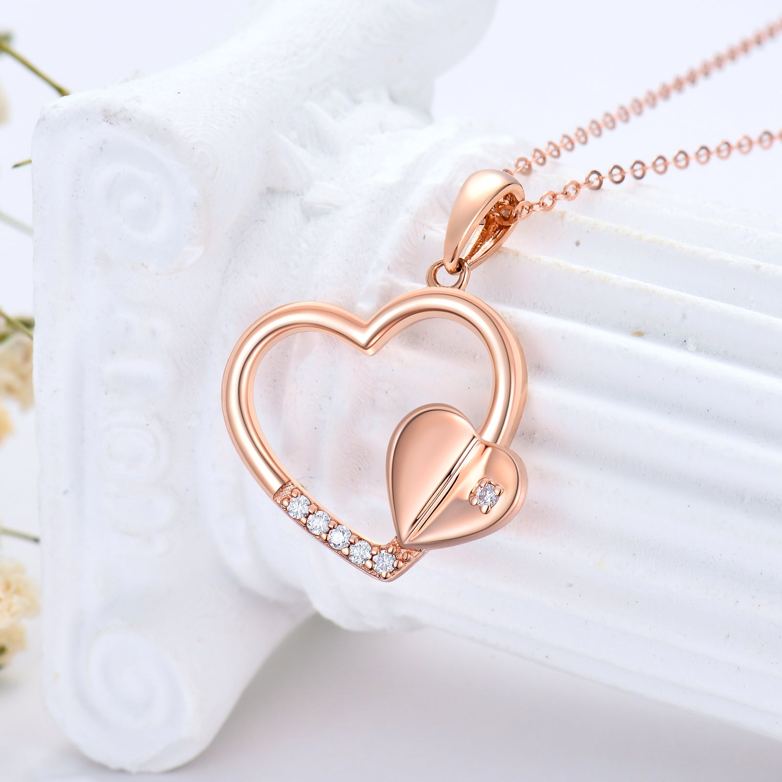 14K Rose Gold Moissanite Double Heart Pendant Necklace For Women