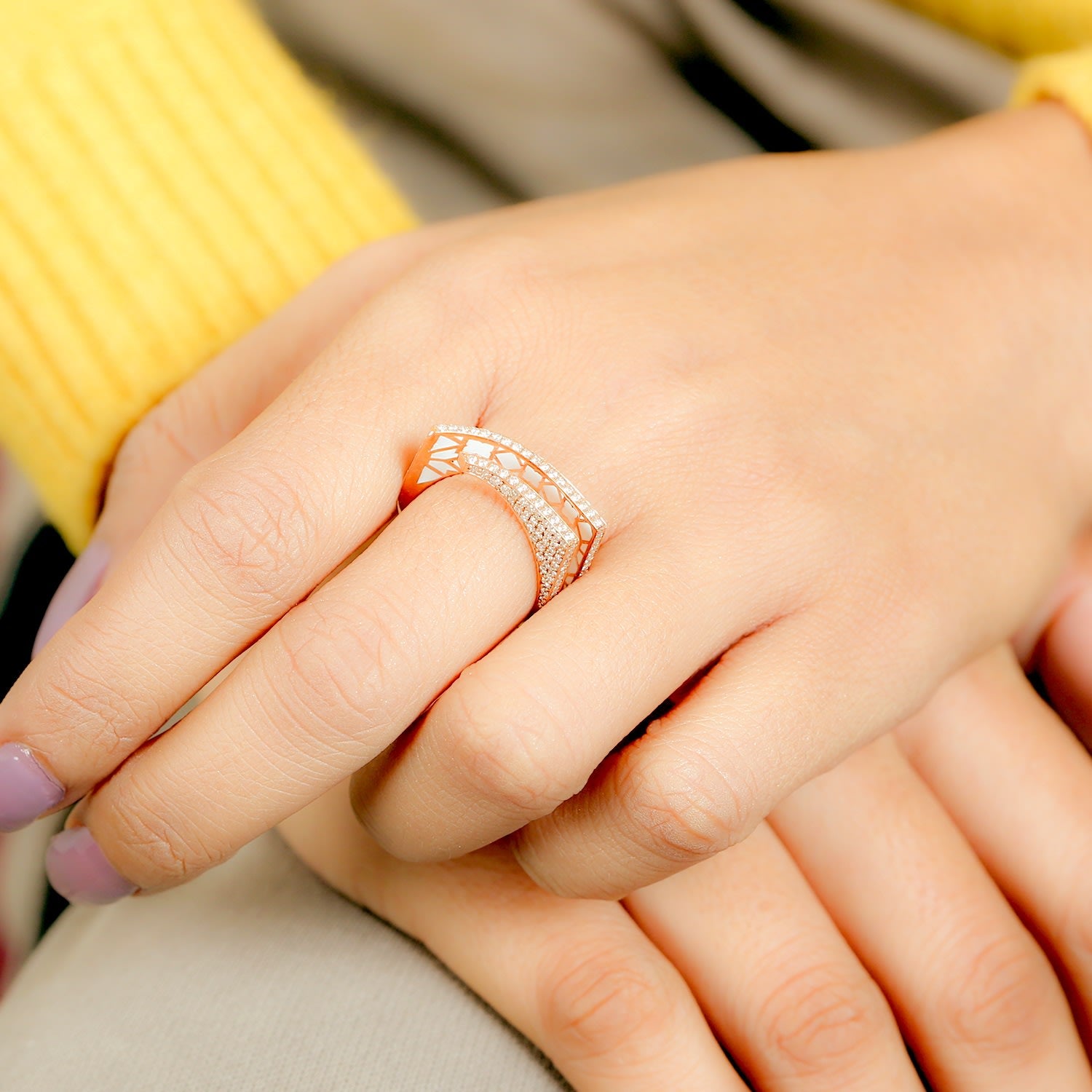 14K Rose Gold Open Bypass Diamond Enamel Band Ring'