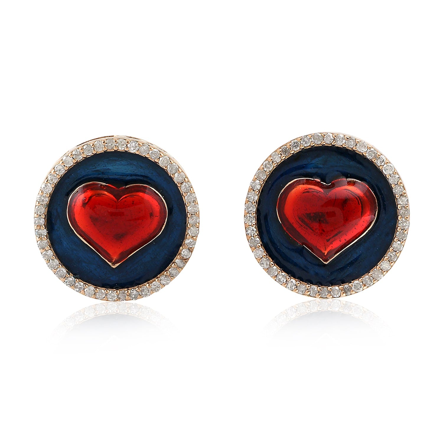 Natural Diamond Enamel Heart Stud Earrings In 14K Rose Gold