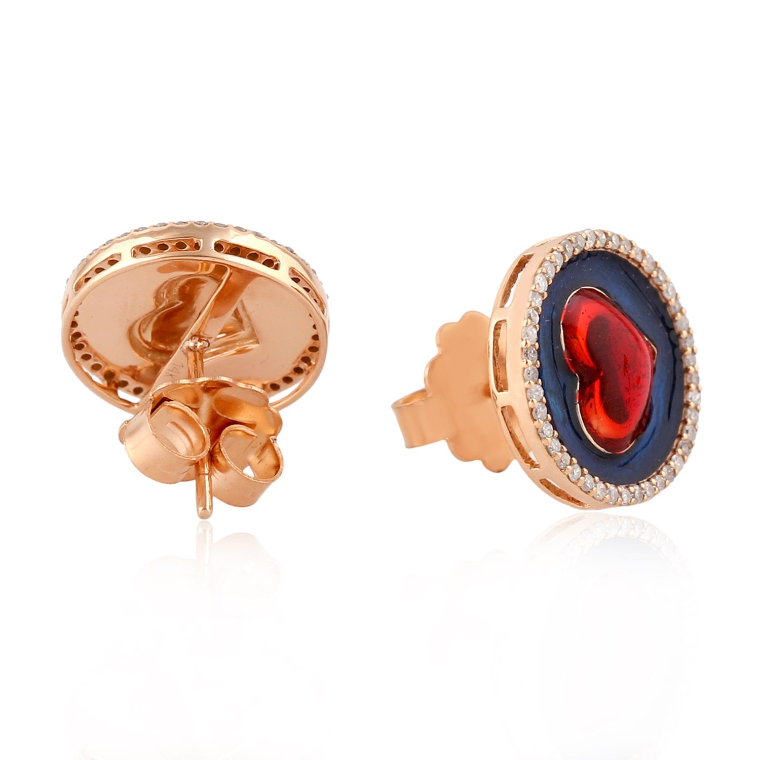 Natural Diamond Enamel Heart Stud Earrings In 14K Rose Gold