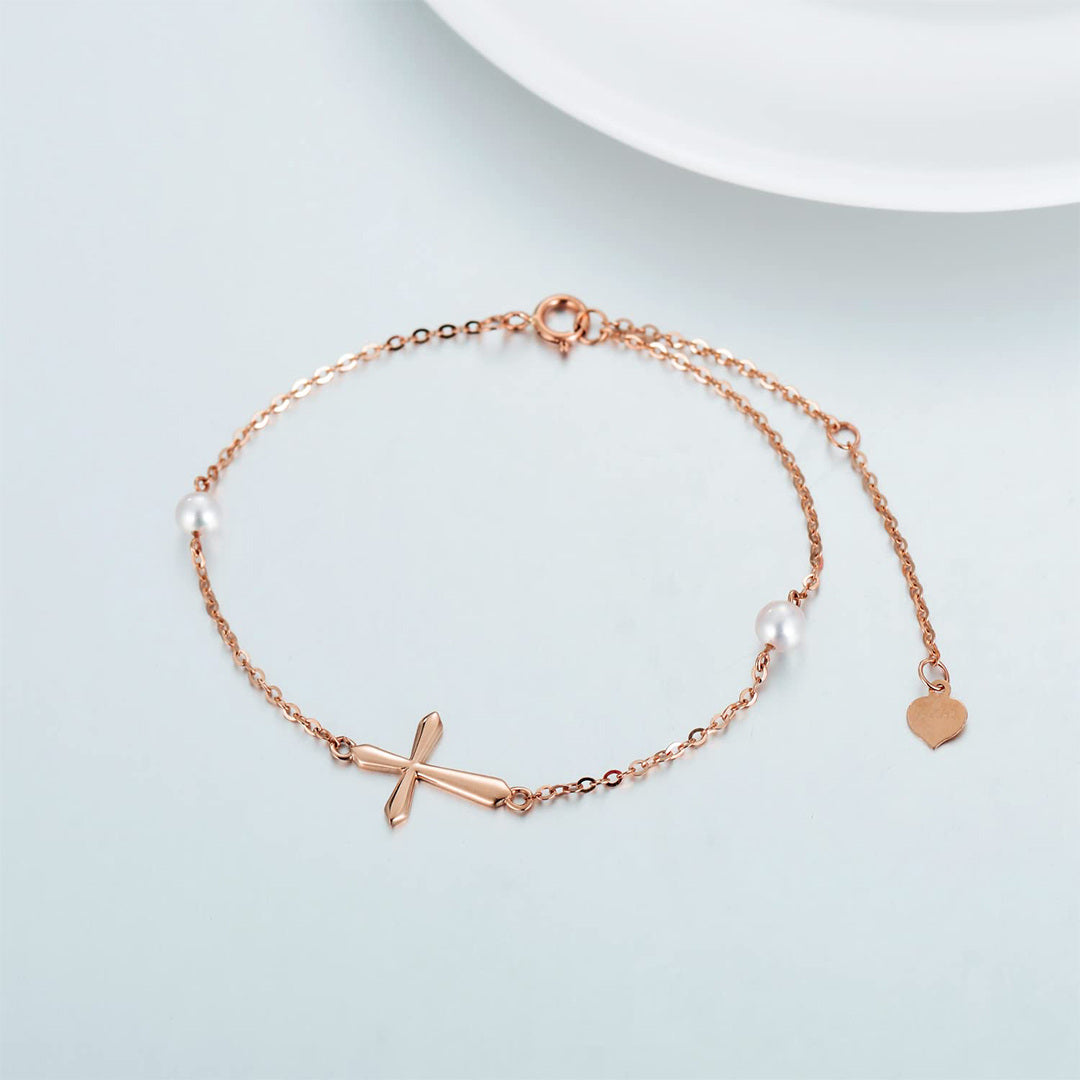 14K Rose Gold Pearl Cross Charm Bracelet