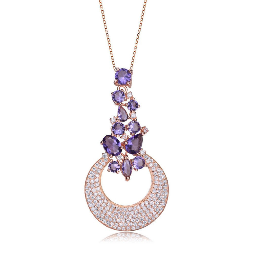 Sterling Silver Rose Gold Plated Clear And Purple Cubic Zirconia Pendant Necklace
