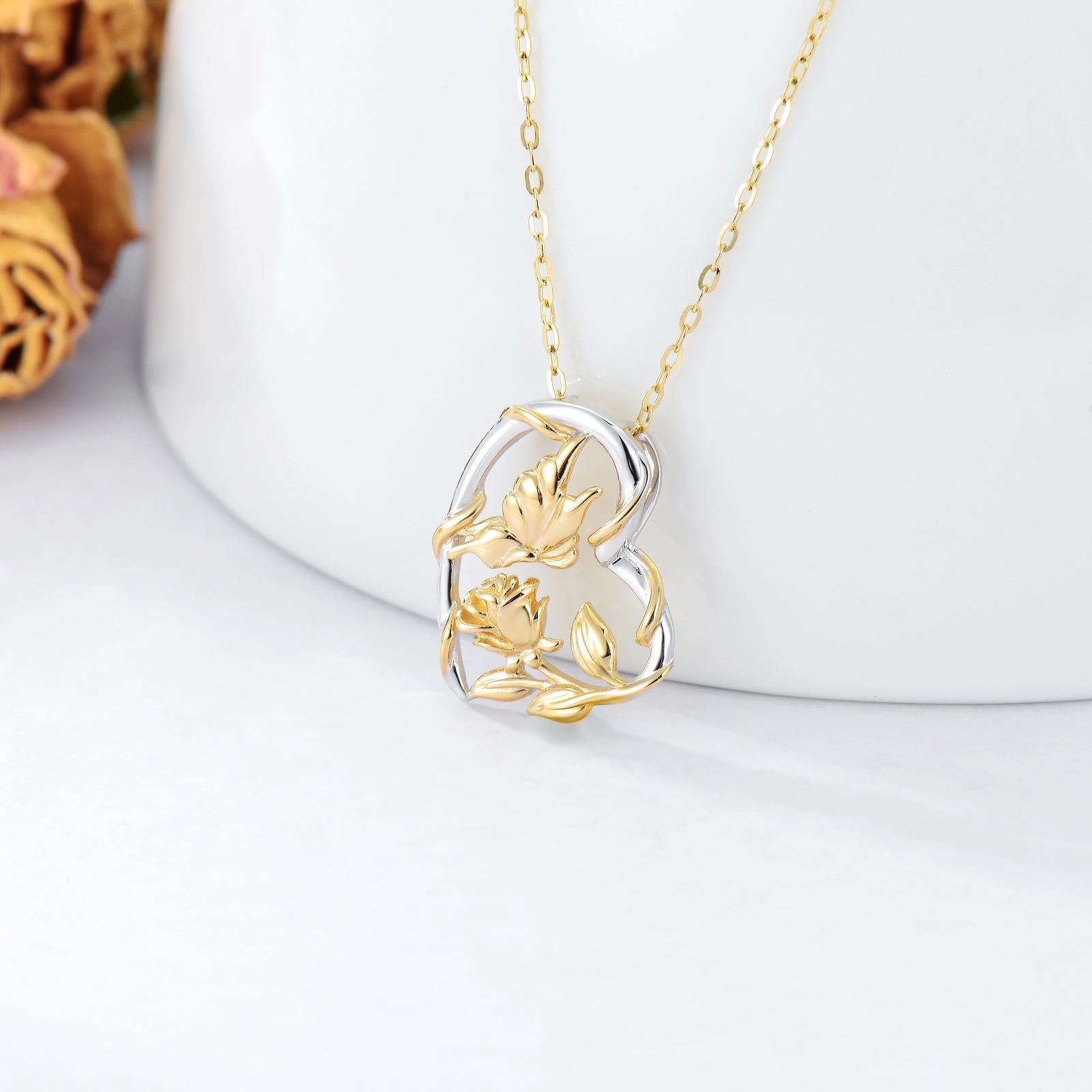 14K Gold Two-Stone Butterfly & Rose Pendant Necklace For Women Best Friends
