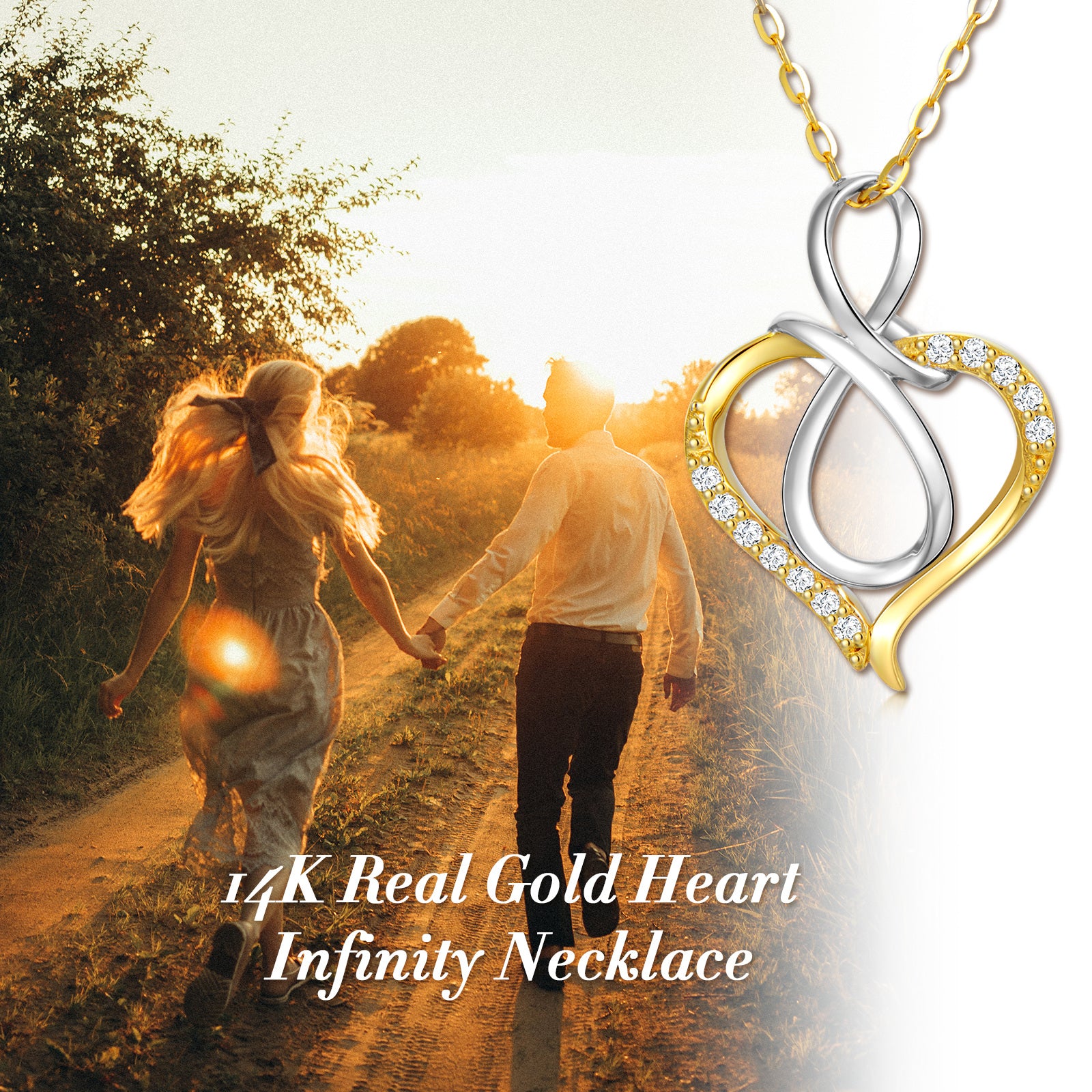 14K Silver & Gold Heart Diamond & Infinity Symbol Pendant Necklace For Women Best Friends