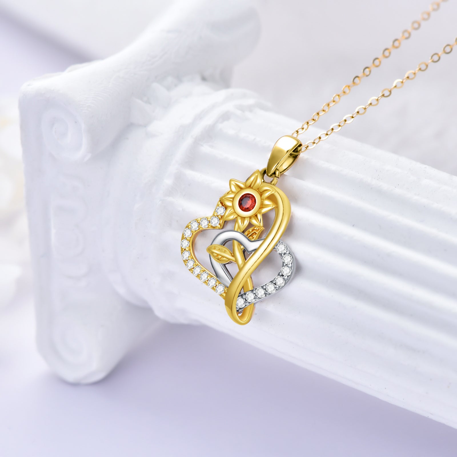 14K Gold Two-Tone Round Moissanite Sunflower & Interlocking Hearts Pendant Necklace For Women