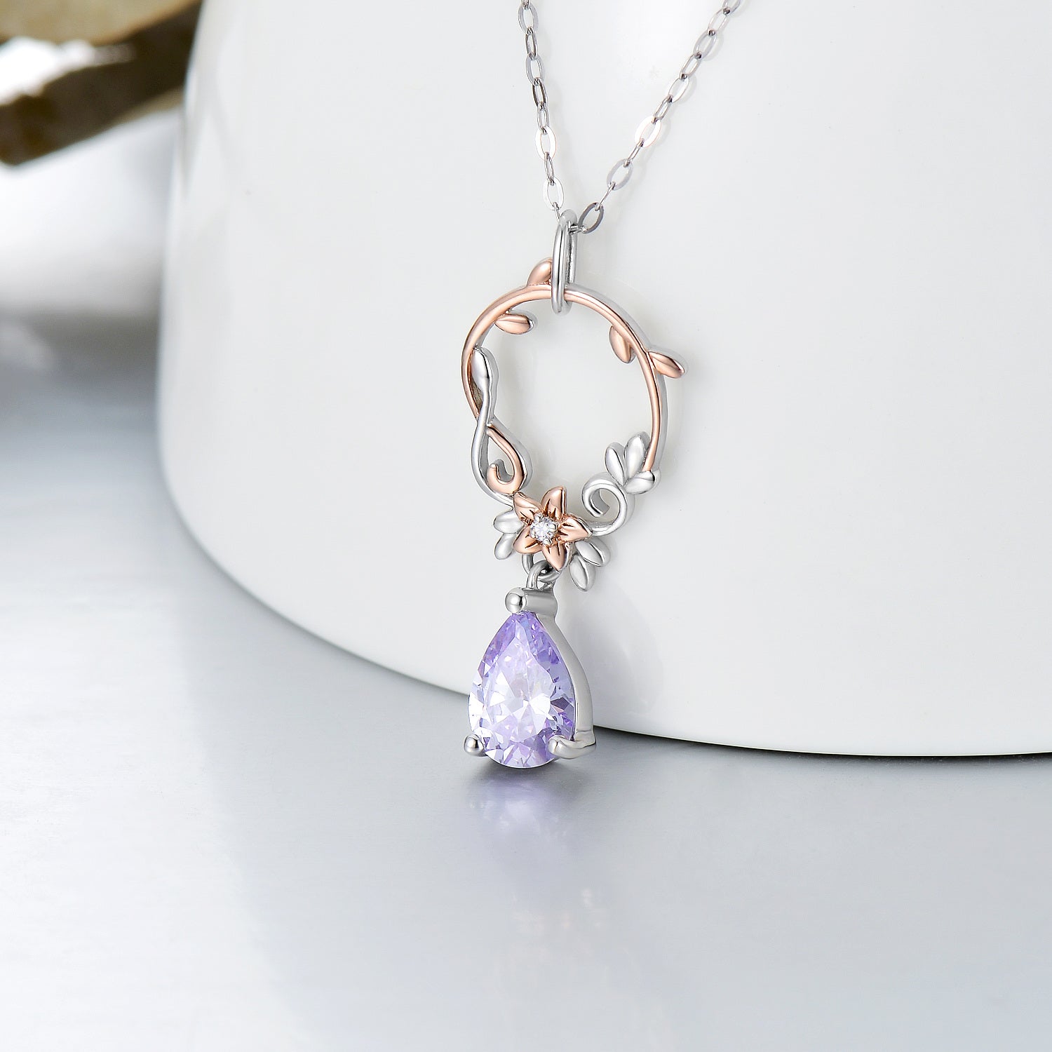 14K Silver & Rose Gold Cubic Zirconia Circle Pendant Necklace