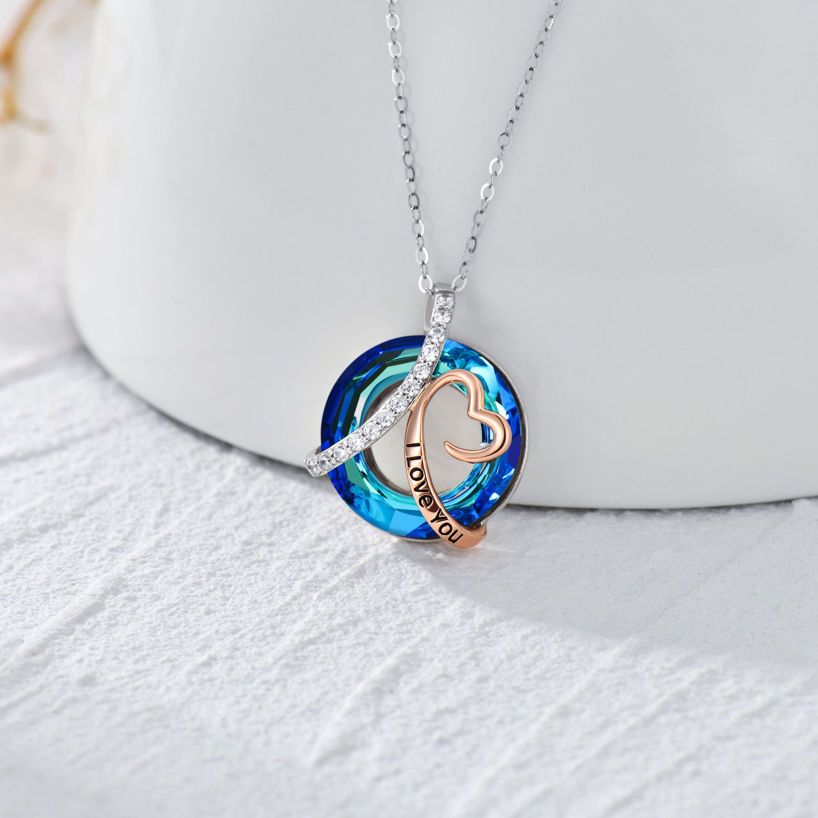 14K Silver & Rose Gold Circular Shaped Heart Crystal Pendant Necklace with Engraved Word