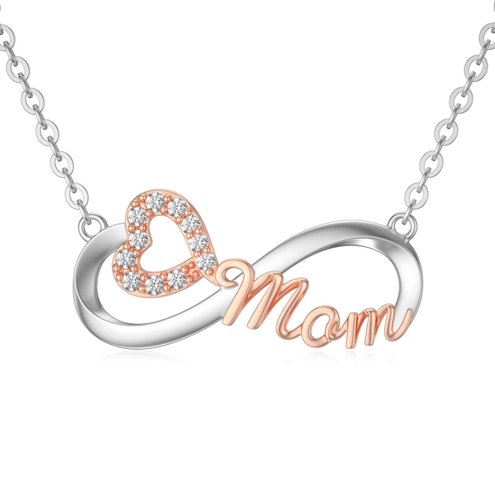 14K Silver & Rose Gold Moissanite Heart & Infinity Symbol Pendant Necklace with Engraved Word