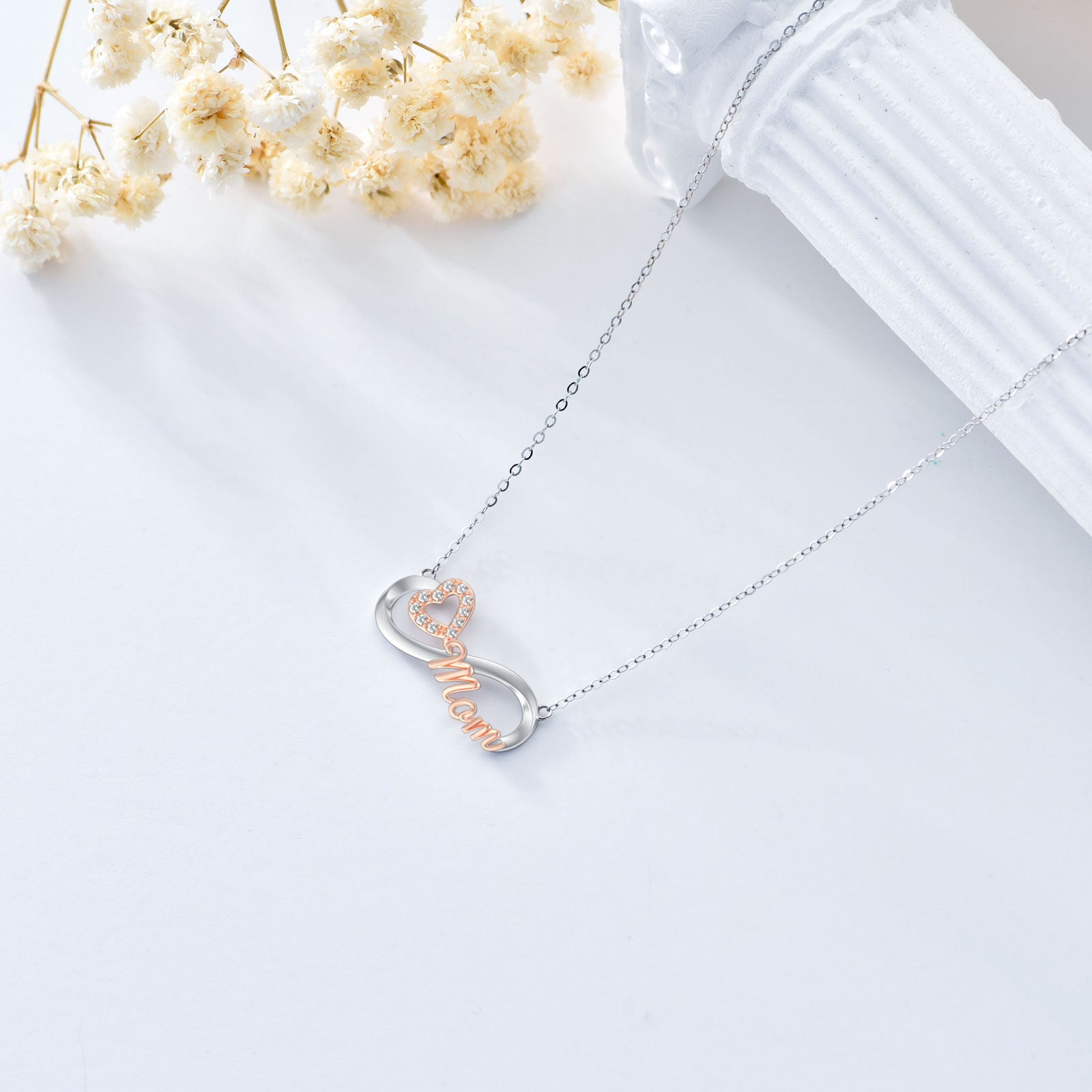 14K Silver & Rose Gold Moissanite Heart & Infinity Symbol Pendant Necklace with Engraved Word