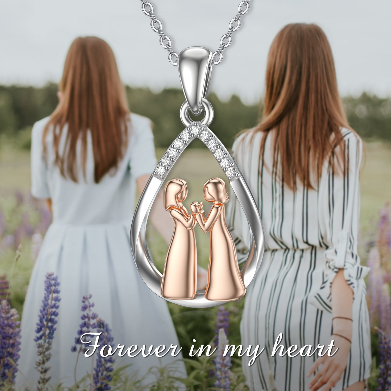 14K Silver & Rose Gold Moissanite Sisters & Drop Pendant Necklace For Women