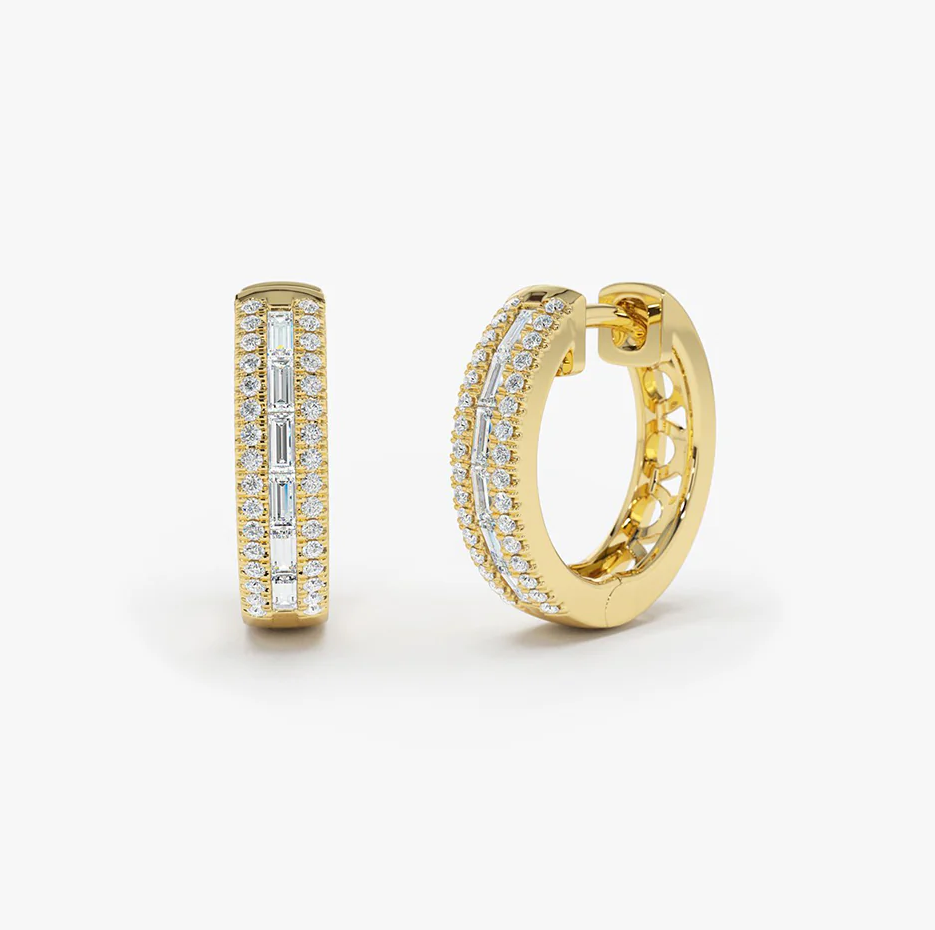 14K Solid Gold 0.5 CT.T.W. Pave Natural Diamonds and Baguette Hoop Earrings