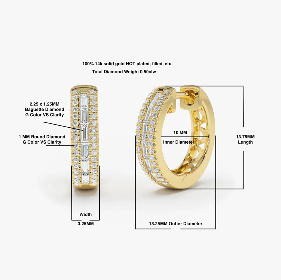 14K Solid Gold 0.5 CT.T.W. Pave Natural Diamonds and Baguette Hoop Earrings