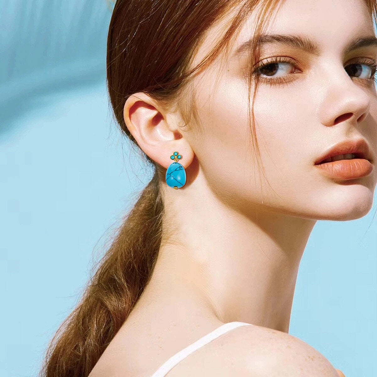 14K Solid Gold Turquoise Earrings For Women,Dangle Drop Turquoise Earrings Vintage