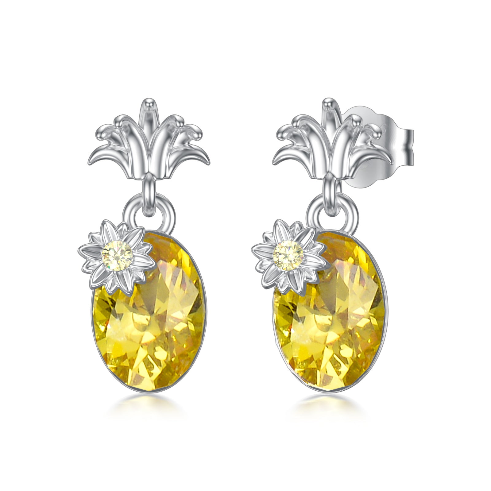 14K Solid White Gold Pineapple Earring Studs with Created Citrine