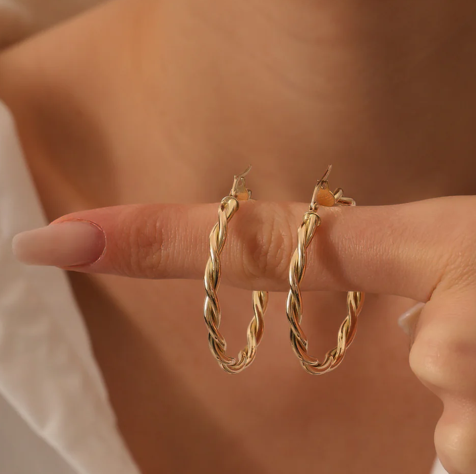 14K Solid Yellow Gold Twist Earrings 40mm