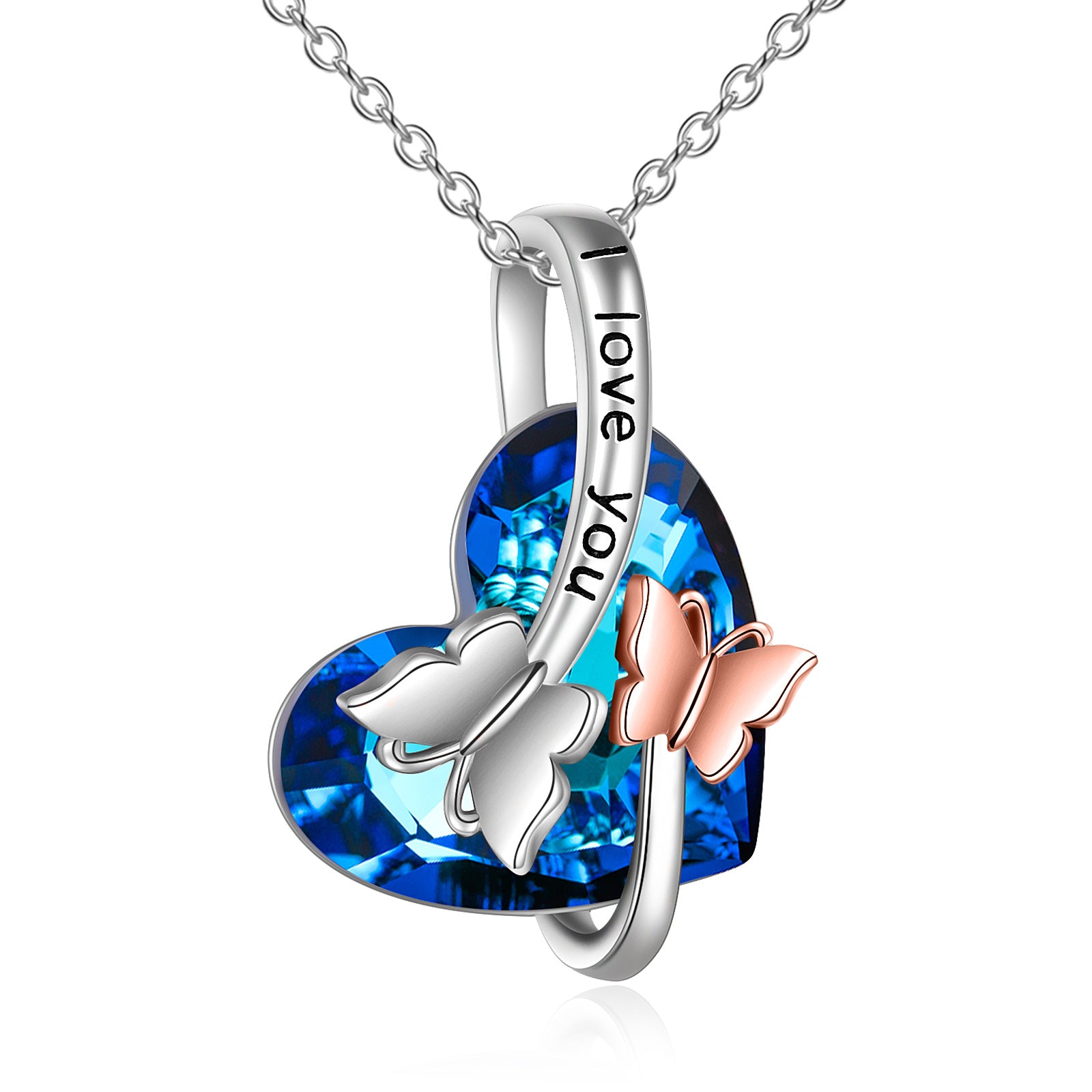 Sterling Silver Two-tone Butterfly & Heart Crystal Pendant Necklace
