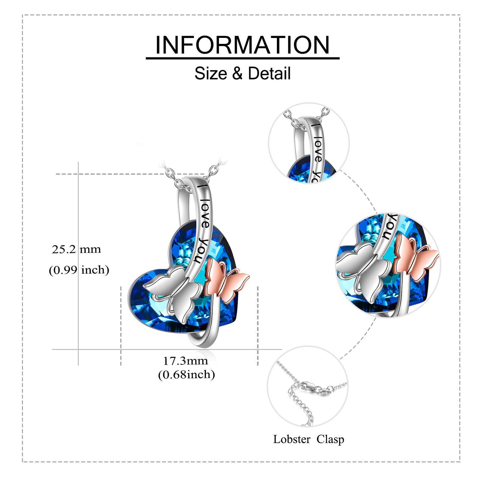 Sterling Silver Two-tone Butterfly & Heart Crystal Pendant Necklace