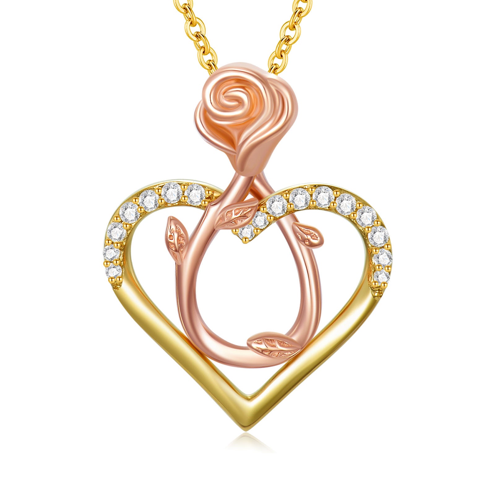 14K Two-tone Circular Cubic Zirconia Rose & Heart Pendant Necklace