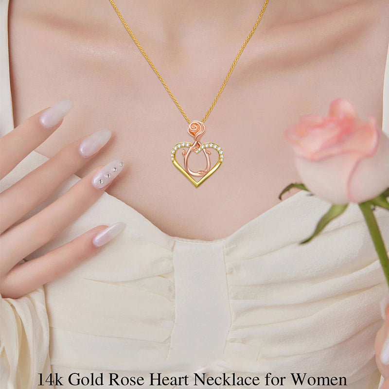 14K Two-tone Circular Cubic Zirconia Rose & Heart Pendant Necklace