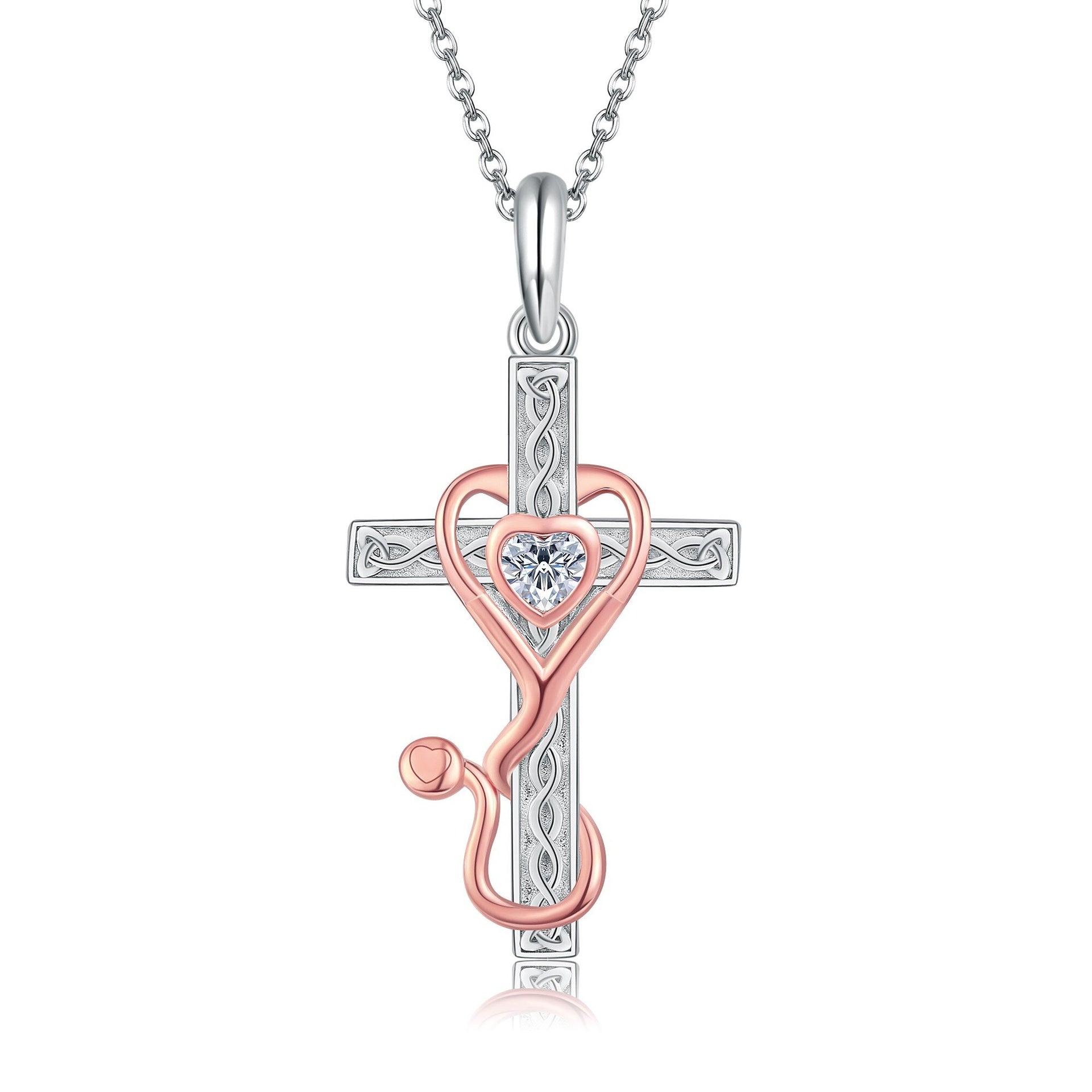Sterling Silver Two-tone Cubic Zirconia Cross & Stethoscope Pendant Necklace