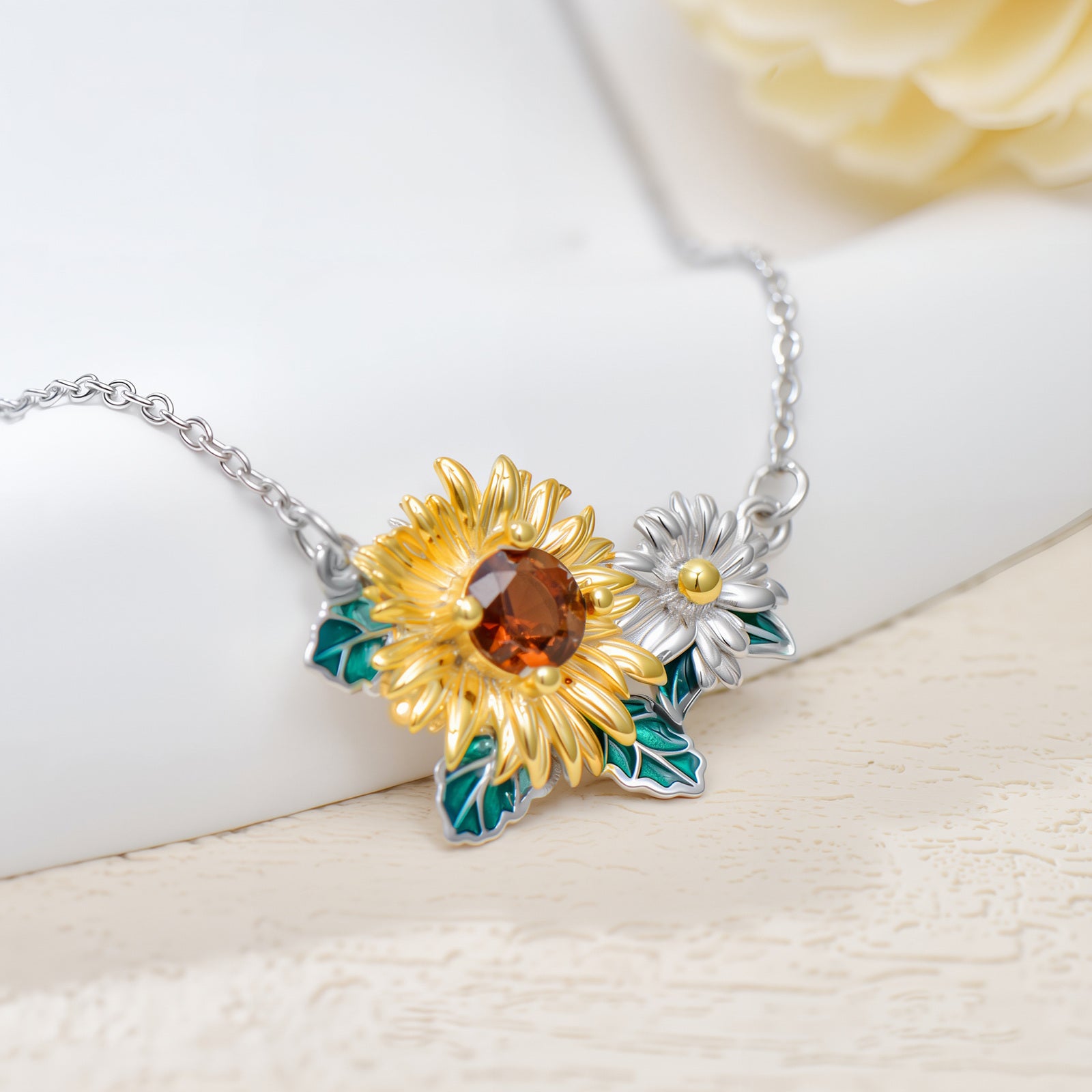 Sterling Silver Two-tone Crystal Daisy Pendant Necklace