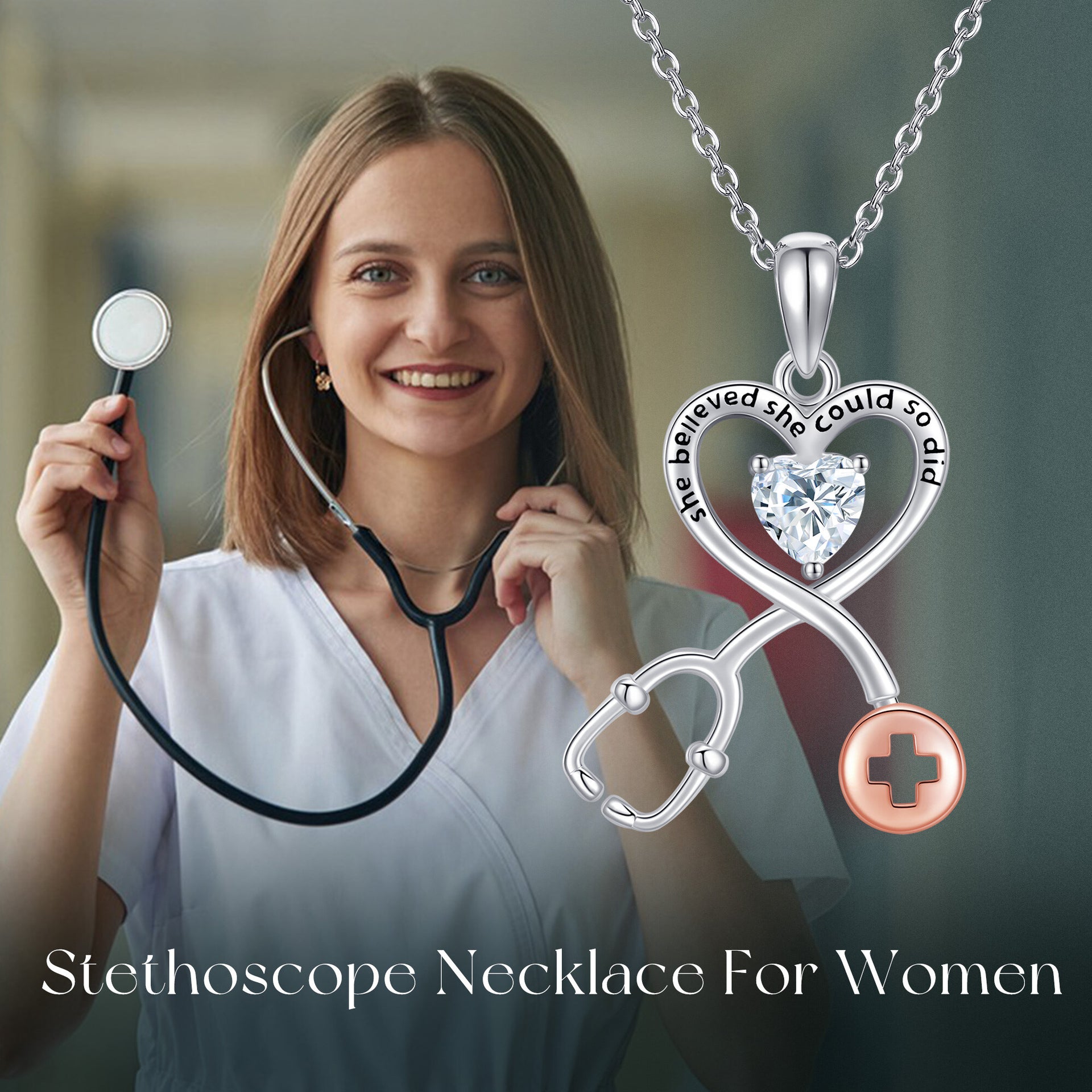 Sterling Silver Two-tone Cubic Zirconia Heart & Stethoscope Pendant Necklace with Engraved Word