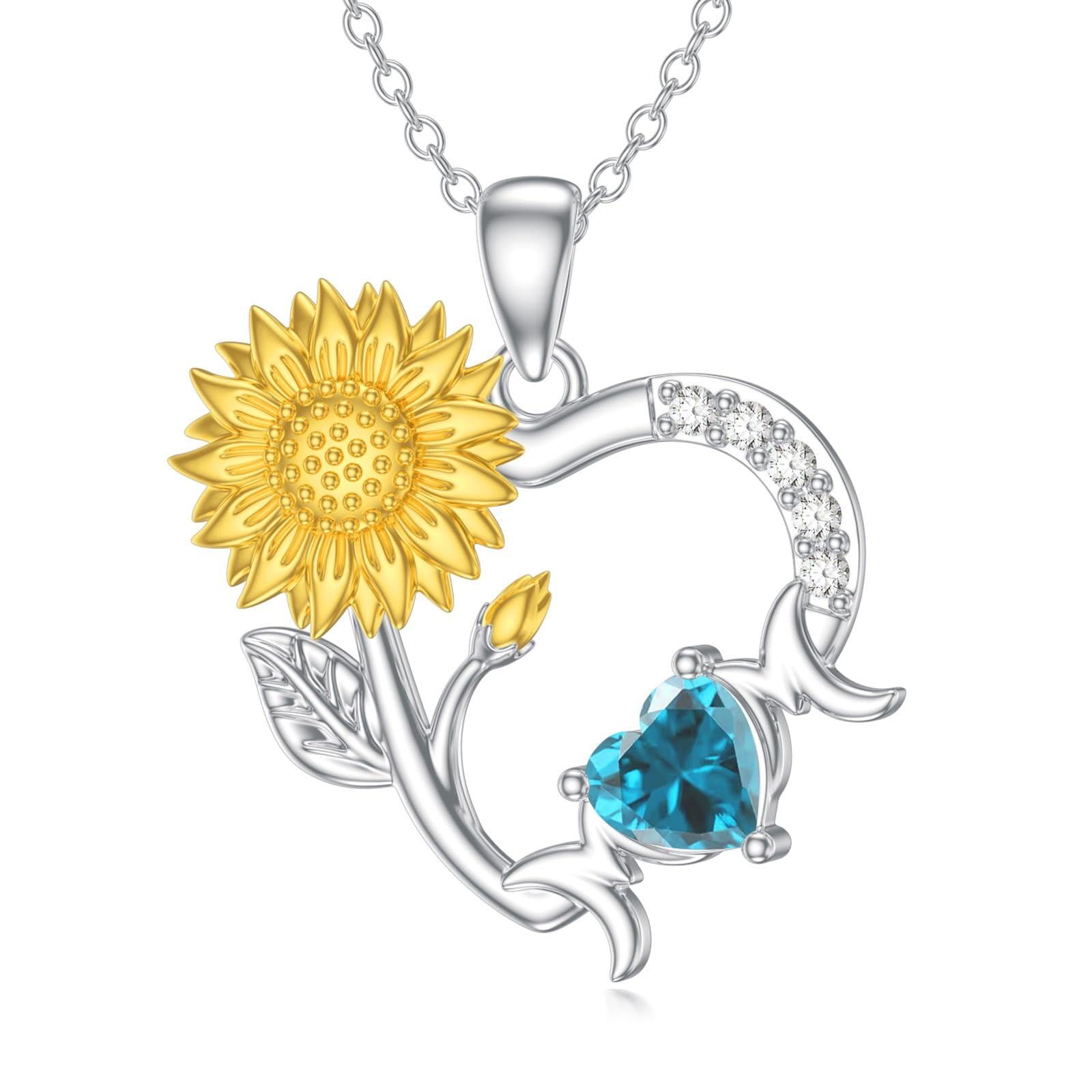 Sterling Silver Two-tone Personalized Birthstone Sunflower & Heart Pendant Necklace