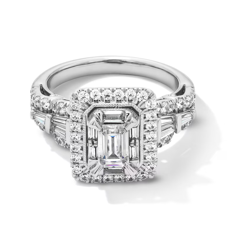14K White Gold 1 to 3.5 CT.T.W. Emerald Cut Lab Created Diamond Frame Split Shank Bridal Set D-VVS1 IGI Certified