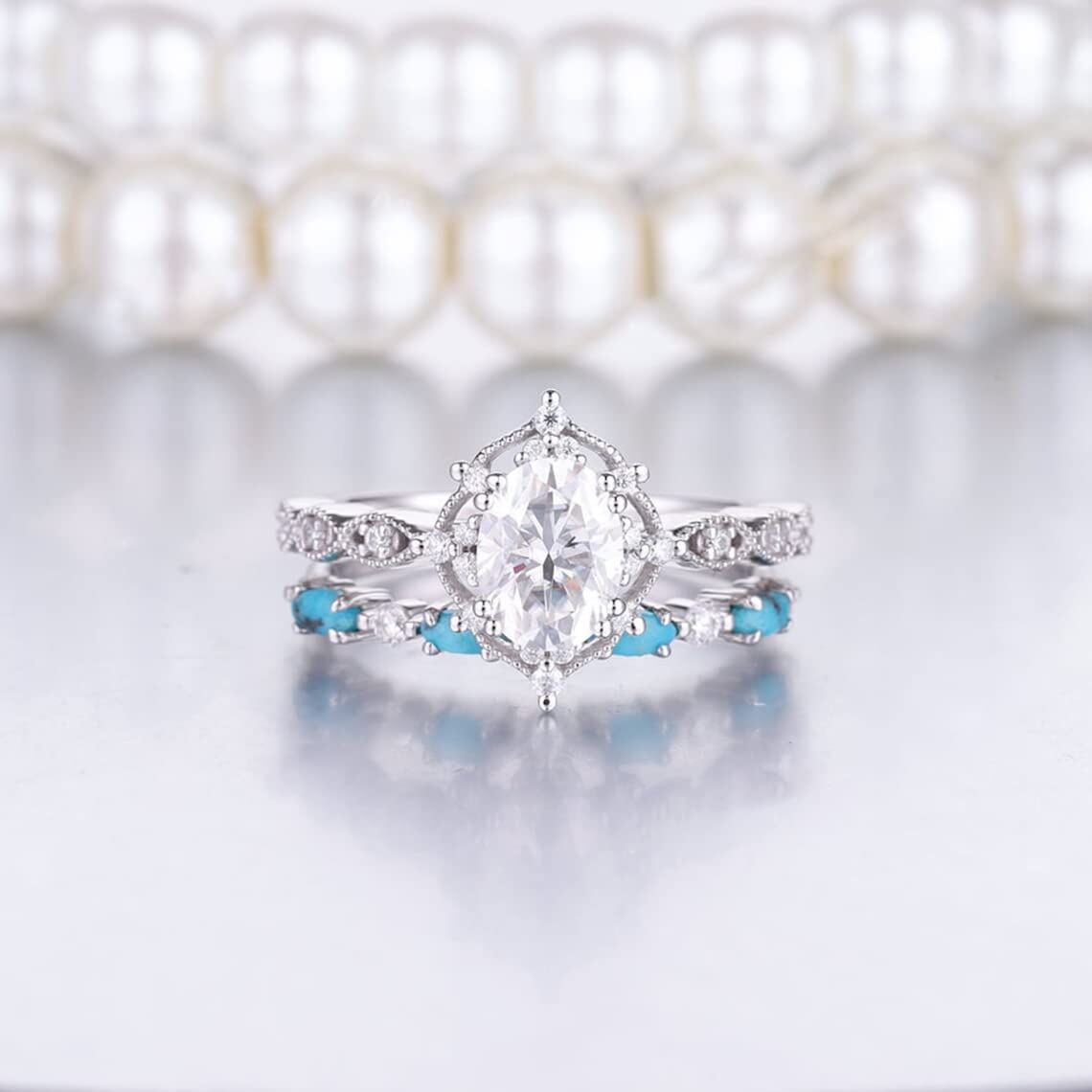 14K White Gold 1.25CT Oval Cut Moissanite Engagement Ring Set with Turquoise