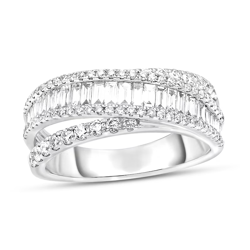 14K White Gold Round Shaped & Baguette Diamond Custom Couple Stackable Ring I Color I2 Clarity 3EX IGI Certified