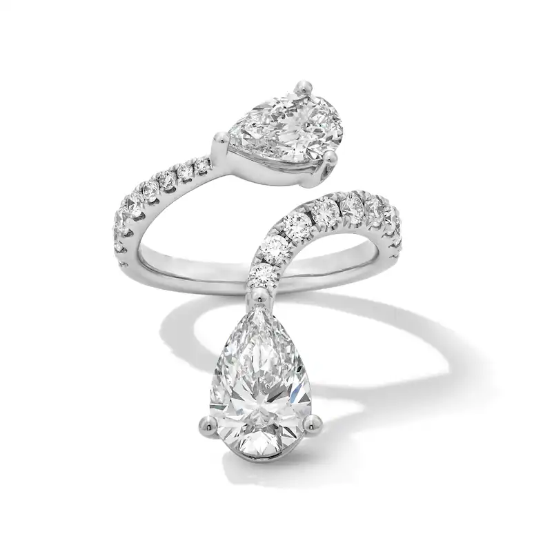 14K White Gold Pear Cut Cut Lab Created Diamond Custom Open Ring F Color VS2 Clarity 3EX IGI Certified